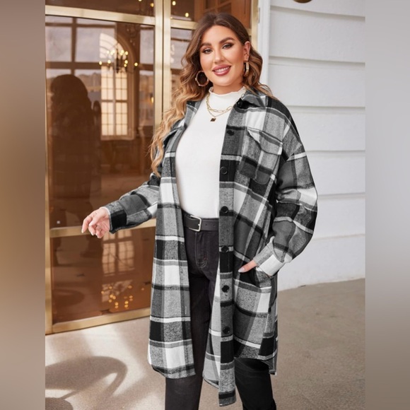 In’Voland Jackets & Blazers - In’Voland Plaid Black White Grey Long Flannel Shirt Jacket Coat Size 16